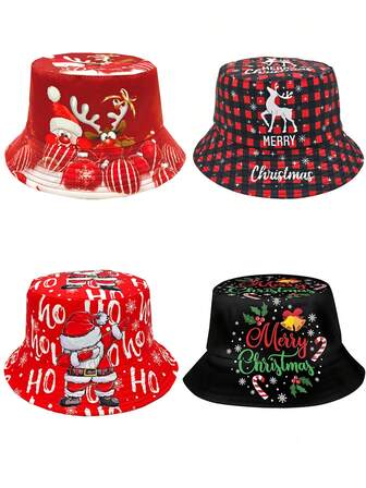 Sombrero de cubo casual con estampado de Papá Noel y renos de dibujos animados, "Ho Ho", sombrero de cubo navideño unisex para fiestas
