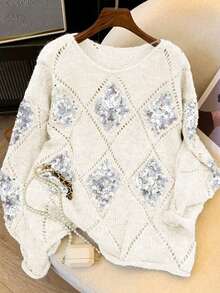 Áo len nữ EAVA cao cấp kiểu dáng cổ điển, chất liệu dệt kim mềm mại, đính sequin và họa tiết rỗng, phong cách retro, dáng rộng thoải mái, trang trí sequin. - Màu be - Xem 5