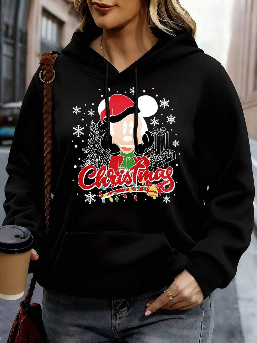 Disney Women Hoodie White Mickey Mouse Christmas Print Winter Holiday Party Casual Wear - màu đen - Xem 1