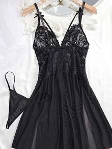 1 Set Sexy Lace & Sheer Mesh Spaghetti Strap Nightgown, Double Slit Hem Lingerie Set - Black - View 5