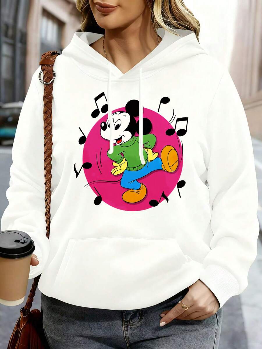 Disney Women Hoodie White Mickey Mouse Dancing Music Notes Print Casual Streetwear Outfit - trắng - Xem 1