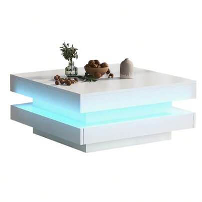 White Square High-Gloss Coffee Table With Rotating Top - Modern Techno Style With 16-Color LED Light, 70x70x36 Cm