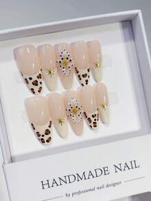 nailrosy 10 pezzi di unghie finte acriliche realizzate a mano, con stampa leopardata color albicocca, forma mandorla lunga e chiara, decorazioni floreali 3D, accessori per unghie per matrimoni, feste di compleanno, stile Y2K, unghie francesi carine, gel per intaglio 3D e fiori