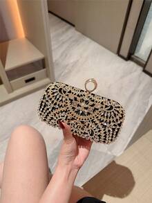 Damen Mode Herbst/Winter Samt Box-förmige Abendtasche, funkelnder Strass Dekor Abendkleid Clutch Tasche für Party, Abschlussball, Gala - Schwarz - Übersicht 4