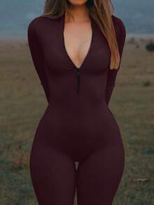 Mystra 女士休闲撞色罗纹拉链连体裤 - 中紫紅色 - 查看 4