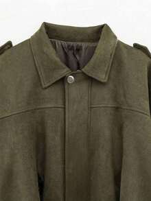 Plus Size Regular Length Jacket With Batwing Sleeves, Zipper And Silver Button Details, Pleated Hem, Women's Fashion Knit Fabric Long Sleeve Coat, Streetwear Style Comfortable Loose Fit Lightweight Jacket For Autumn