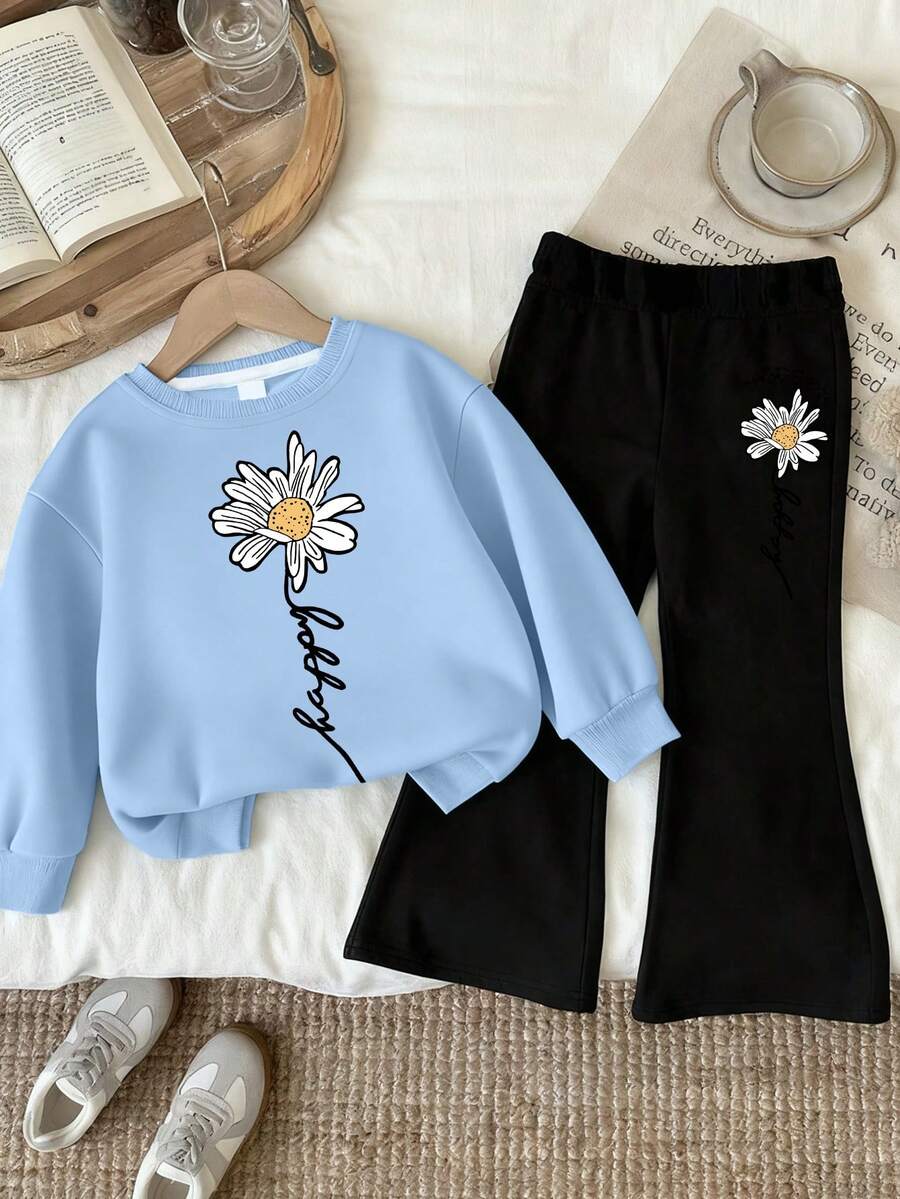 两件套女童清新甜美雏菊印花休闲套装，柔软舒适，适合春秋季日常上学穿着。 - 藍色 - 查看 1