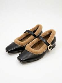 2025 New Autumn/Winter French Retro High Heel Furry Mary Jane Shoes, Soft Leather Thick Heel Pumps - Black - View 3