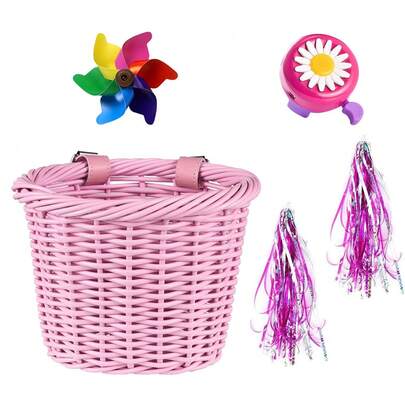 Ręcznie tkany koszyk na rower/hulajnogę + mini wiatraczek + 1 para serpentyn + dzwonek