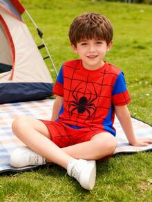 幼儿男童时尚派对休闲户外简约蜘蛛网拼色圆领短袖 T 恤和短裤套装，适合夏季 - 彩色 - 查看 6