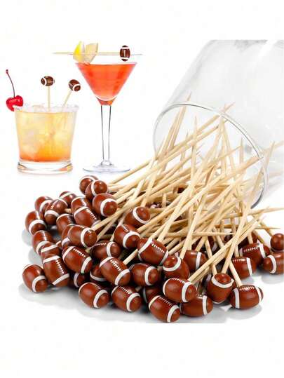 100pcs - Football Shaped Bamboo Cocktail Picks, Suitable For Appetizers, Fruit, Cocktails At Buffets, Parties, Weddings And Other Occasions