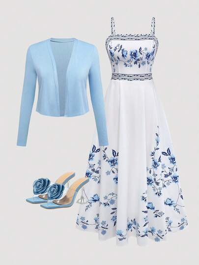 Women's Elegant Floral Print Waist Tie Dress With Knit Cardigan Set, Valentine's Day Outfit For Date