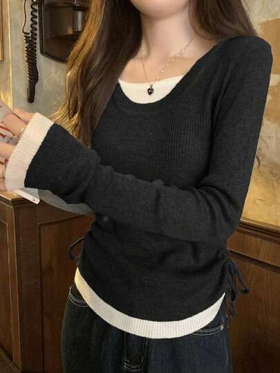 春季韩版撞色U领抽绳两件套针织衫女装