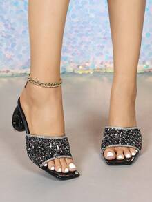 Women's High Heels. Square Toe, Fully Rhinestoned Uppers, Asymmetric Heel, Comfortable. Luxurious, Sparkling Rhinestones, Suitable For Parties, Gatherings, Balls, Shopping, Various Occasions And Festivals, Rhinestone Embellished Solid Color Beach Sandals,Spring Summer Outfits - Black - View 3