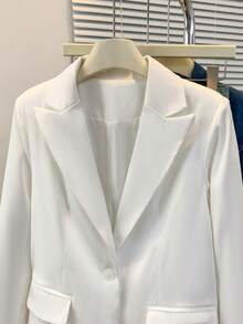 Women's Solid Color Notched Collar Blazer Jacket, Button Front Pocket Design, Long Sleeve Office Wear, Versatile For Business And Casual, Suitable For Autumn, Winter And Spring - White - View 6
