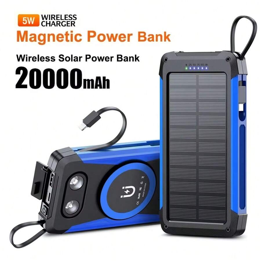 Pin dự phòng năng lượng mặt trời 20000mAh, Bộ sạc di động, Bộ sạc điện thoại di động có đèn pin kép sáng tích hợp 2 dây cáp, Bộ pin ngoài cho mọi thiết bị di động, Thích hợp cho kỳ nghỉ hè, du lịch/cắm trại ngoài trời và nguồn điện dự phòng khẩn cấp - Màu xanh lam - Xem 1