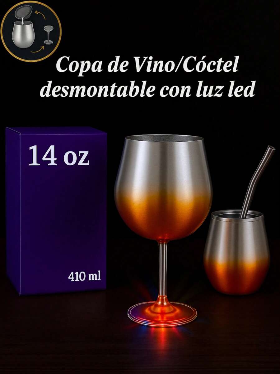Copa desmontable de acero inoxidable FAB-20 / 410 ml con base iluminada LED y popote de acero - diseño elegante 2 en 1 tipo vino y cóctel, con tapa hermética, interior prismático y 15 colores brillantes ideales para fiestas, reuniones o uso diario