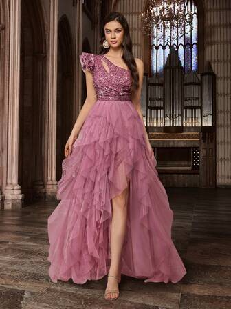 Moderiktiga Söta Paljetter Asymmetrisk Halsringning Flerskiktad Kakfåll Mesh Klänningar