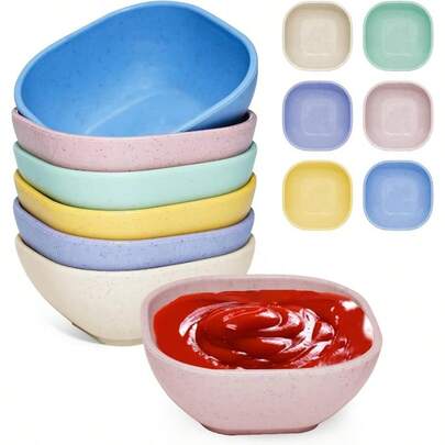 6 Pack Small Plastic Bowls 4.5 OZ Unbreakable Wheat Straw Dipping Bowls Prep Bowls, Assorted Colors Dipping Sauce Cups, Prep Bowls Side Dishes, Dessert, Ketchup, Snack Bowls