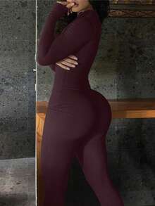 Mystra 女士休闲撞色罗纹拉链连体裤 - 中紫紅色 - 查看 8