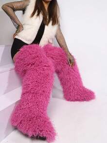 2025秋冬新款时尚大码仿羊羔毛雪地靴，保暖纯色加长雪地靴