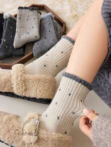 1双/2双/3双/5双装 女士加厚保暖蕾丝波点船袜，秋冬季舒适袜 - 彩色 - 查看 8