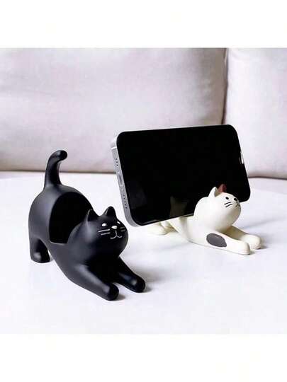 1pc Cute Cat Statue Desktop Stand, Black Kitten Decor Hands-Free Phone Holder, Resin Craft