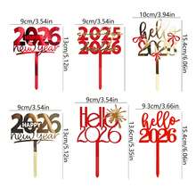 1个/3个/6个金色红色“Hello 2026 新年快乐”亚克力蛋糕装饰插牌，适用于新年主题派对DIY蛋糕装饰用品、婚礼和生日用品、家居和派对装饰 - 彩色 - 查看 6