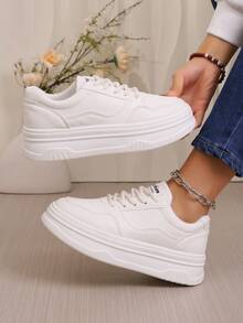 1 Pair Thick Sole Solid White Casual Sneakers, Suitable For All Seasons - Beige - View 4