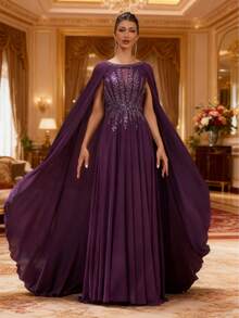 DELLA COUTURE Luxury Purple Bohemian A-Line Round Neck Long Evening Gown Fashion Prom Dress With Beaded Short Sleeves Designed For High-End Proms, Banquets, Parties, And Other Formal Occasions - Purple - View 3