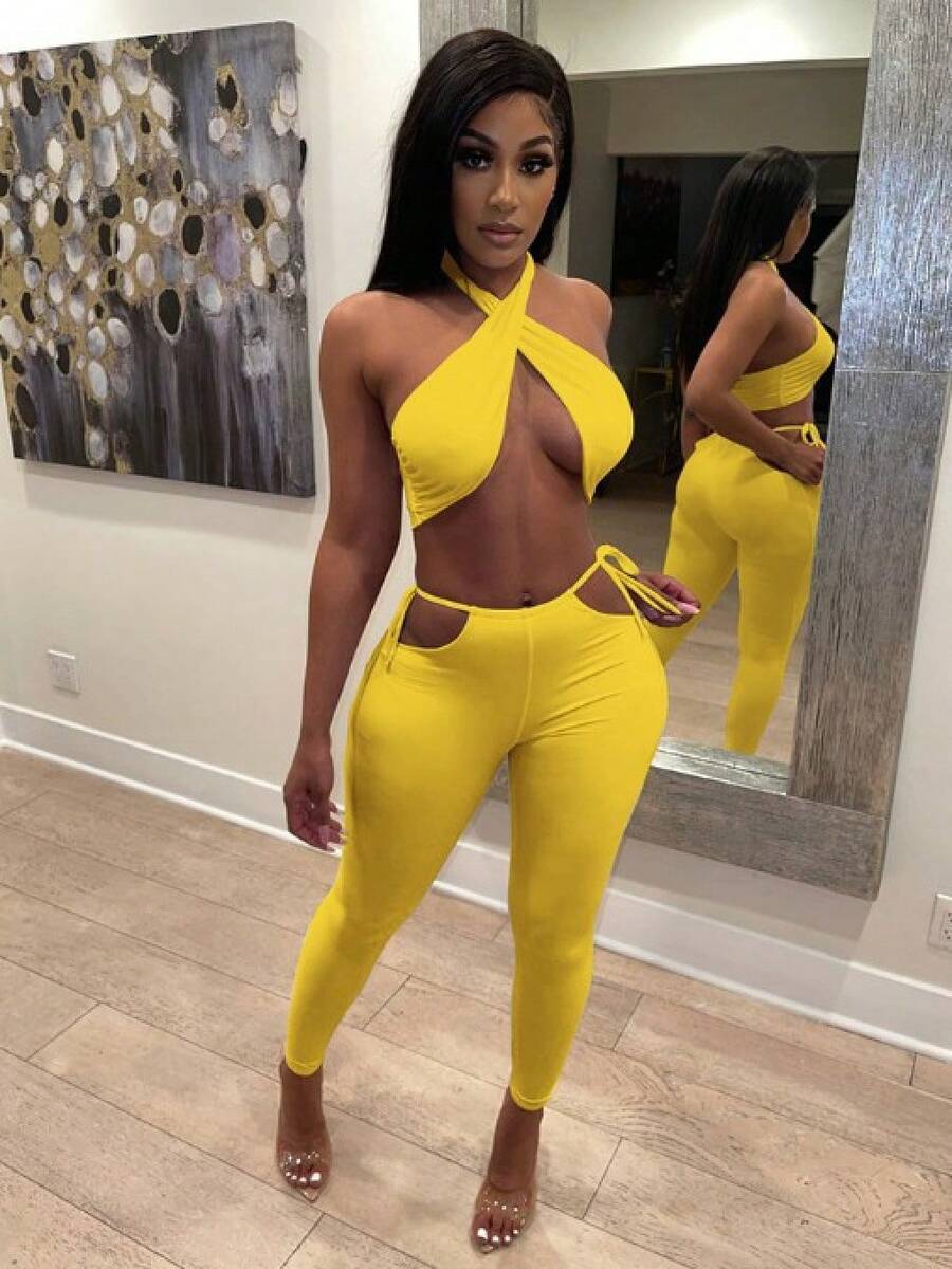 Sexy Tube Top Pullover Zweiteiliges Set Lange Hose Wünsche Neue Europäische und Amerikanische Stil Halterneck Lässig Einfarbig - Gelb - Übersicht 1