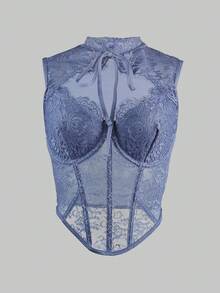 EZNV 1 pieza Corset con parte superior de encaje y espina de pescado, cinturilla de corsé - Neblina azul - Ver 5