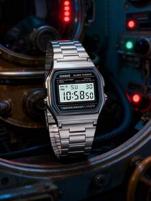 Unisex Retro Stainless Steel Band Square Dial Digital Watch With Calendar, Alarm And Stopwatch Functions, Waterproof, Suitable For Daily Wear A158WA-1 - Black - View 2