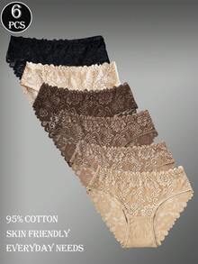 Set de 6 bragas de algodón de unicolor con elegante encaje para damas - Multicolor - Ver 3