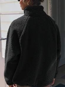 新款时尚优雅纯色袋鼠口袋宽松下摆可调节连帽衫，适合日常、旅行和上学穿着，黑色，春季款 - 黑色 - 查看 5