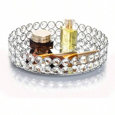 Feyarl Crystal Jewelry Tray Cosmetic Organizer Round Tray Mirrored Decorative Trays For Perfume Bottles 25cm Silver