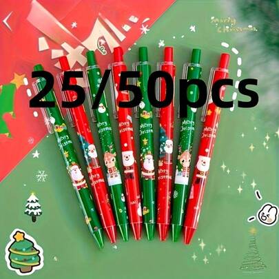 2026年新款畅销产品【圣诞快乐】25件/50件套装：按压式中性笔 - 黑色墨水，按动式圆珠笔 - 黑色，中号笔尖，书写流畅，握感舒适，墨水速干不易晕染，圣诞老人、圣诞树、驯鹿造型，互赠佳品。可爱卡通节日笔，派对礼物。