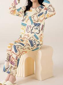 AICJ 2pcs/Set Women Cartoon Bear Print Casual Sleepwear Set, Long Sleeve Round Neck Top & Full Length Pants, Comfortable Loose Fit, Suitable For Spring, Autumn, Winter, Two Pieces Set, Fall Clothes - Multicolor - View 6