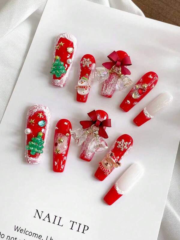 Cadena de perlas media a larga, hecha a mano, linda para Año Nuevo y Navidad, de alta calidad, con apariencia blanqueadora, arte de uñas utilizable, uñas postizas desmontables