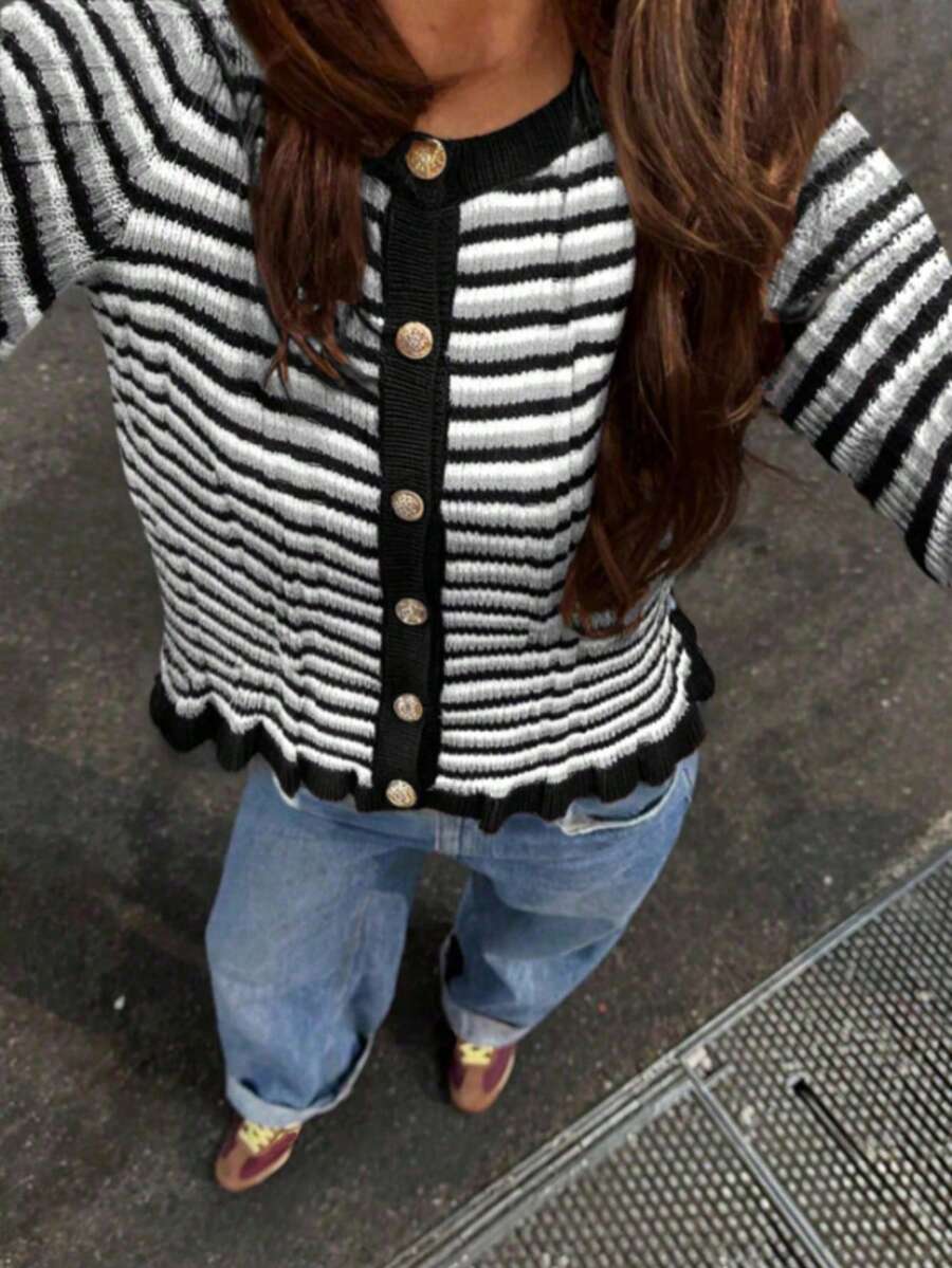 SEREN New Spring Striped Contrast Color Crew Neck Button-Up Long Sleeve Knit Cardigan, Slim Fit Flattering Ruffle Hem Long Sleeve Knit Top,