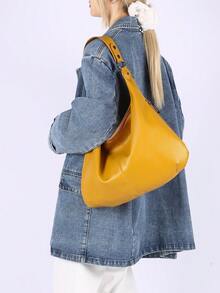 新款柔软皮革女士包，简约休闲单肩包，女士流浪包，简约腋下包，大容量手提包，适合工作通勤购物休闲 - 黃色 - 查看 8