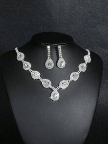 Supra Diamanto Gorgeous-Luxury Shining Bling Crystal Rhinestone Necklace Earrings Set Wedding Party Jewelry 3 In 1 - Silver - View 6