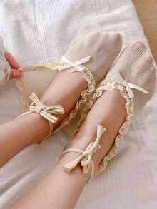 1pair White Ballet Shoes Socks For Women With Lace Tie Short Socks,Japanese Style, Fall - White - View 4