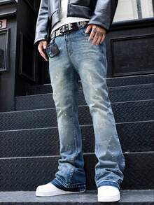 Slim Fit Stretch Denim Jeans, Distressed Washed Cotton Jeans, Versatile & Fashionable; Washed Denim Jeans With Slant Pockets, Lightweight Business Casual, Versatile; Straight Leg Casual Pants With Button & Zipper, Suitable For All Seasons - Blue - View 2