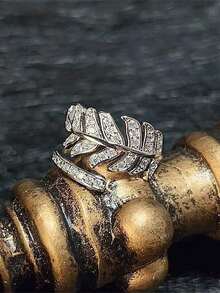 1 Peça Anel de Folha de Zircônia Cúbica Elegante e de Alta Qualidade, Ajustável para Mulheres, Adequado para Casamento e Eventos Formais