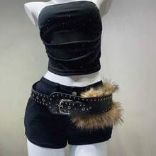 1pc PU Leather Rivet Fleece-Lined Perforated Belt: Punk Street Style Y2K Aesthetic Cool Women's Waist Strap - Pairs With Dresses, Casual Pants & Jeans - A款紅色 - 查看 11