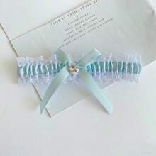 新娘婚礼腿吊袜带 - 心形吊坠蕾丝腿环吊袜带，蓝色蝴蝶结腿饰，适合婚礼派对 - 藏蓝色 - 查看 15