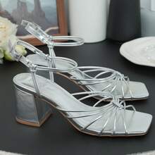 Women's Strappy Sandals Women 2.5-Inch Block Heel Tie Strap Square Toe Casual Comfortable Summer Shoes - 銀色 - 查看 4