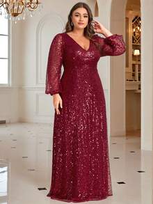 EVERPRETTY Plus Size Women's Luxurious V-Neck Burgundy Lantern Sleeve Formal Evening Gown, Party Dress, Spring/Summer Wedding Guest Dress, Holiday Dress - Burgundy - View 9