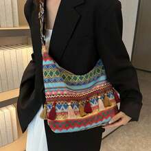 Torebka damska z frędzlami, torba na ramię, modna, geometryczna, pleciona, torba na ramię, torba listonoszka - Wielokolorowe - Zobacz 8